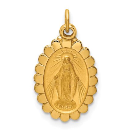 14k Polished and Satin Solid Small Miraculous Medal Scalloped Edge Oval Pendant