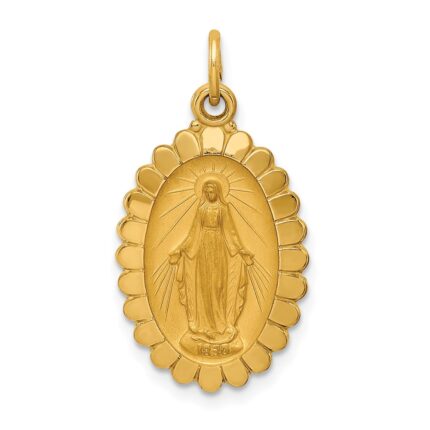 14k Polished and Satin Solid Miraculous Medal Scalloped Edge Oval Pendant