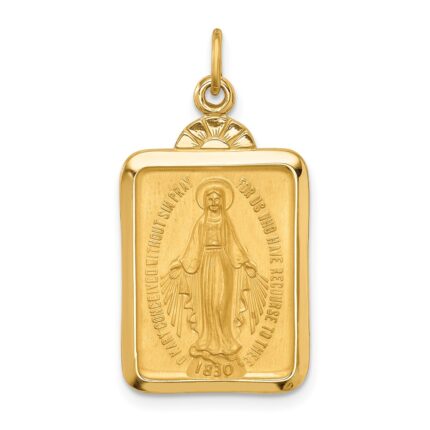 14k Polished and Satin Solid Miraculous Medal Rectangular Pendant