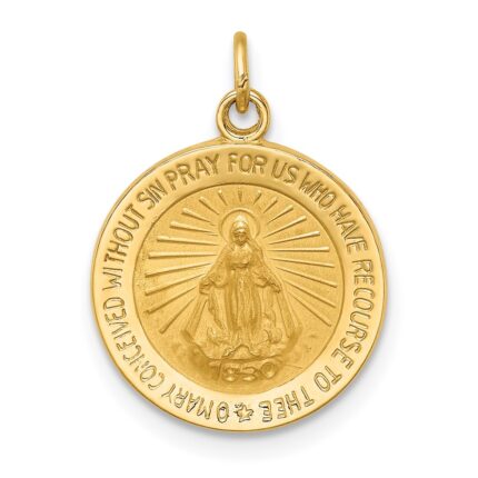 14k Polished and Satin Solid Miraculous Medal Round Charm