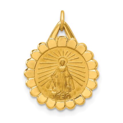 14k Polished and Satin Solid Small Round Scalloped Miraculous Medal Charm