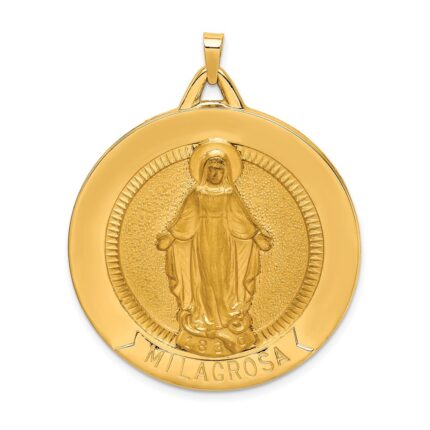 14k Polished and Satin Solid Extra Large Spanish Milagrosa Medal Round Pendant