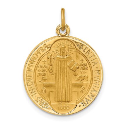 14k Polished and Satin Solid Round Reversible St. Benedict Medal Pendant