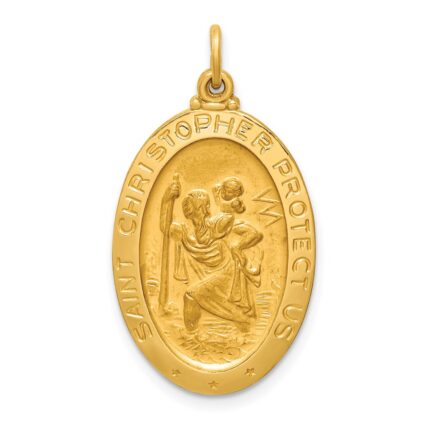 14k Polished and Satin Solid Medium St. Christopher Medal Oval Pendant