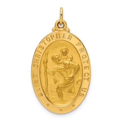 14k Polished and Satin Solid Medium St. Christopher Medal Oval Pendant