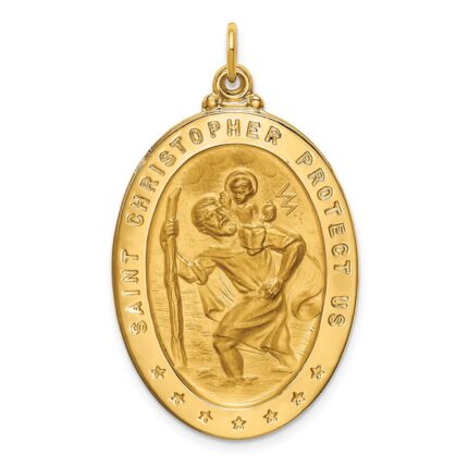 14k Polished and Satin Solid Large St. Christopher Medal Oval Pendant