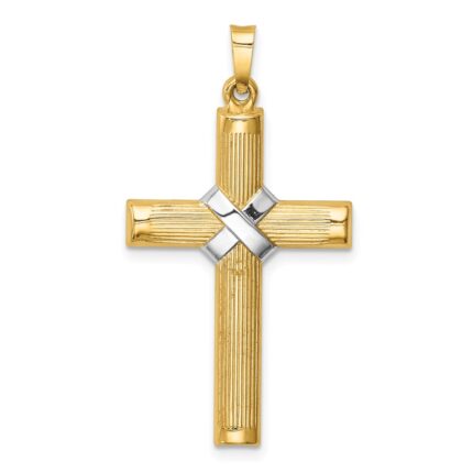14k and White Rhodium Hollow Polished Center -X- Cross Pendant