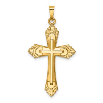 14k Hollow Polished Fleur de Lis Cross Pendant