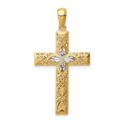 14K and White Rhodium Diamond-cut Cross Pendant