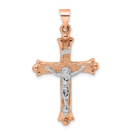 14k Rose and White Gold Polished Fleur de Lis INRI Hollow Crucifix Pendant