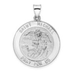 14k White Gold Polished and Satin Hollow Large St. Michael Medal Round Pendant