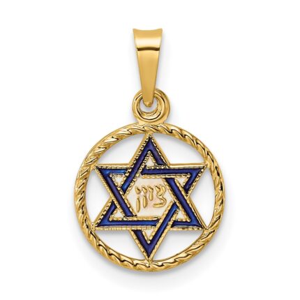 14k Polished Solid Blue Enameled Star of David in Circle Frame Pendant