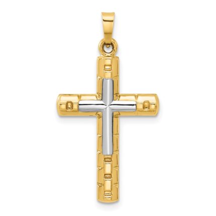 14k Two-Tone Textured and Polished Hollow Latin Cross Pendant
