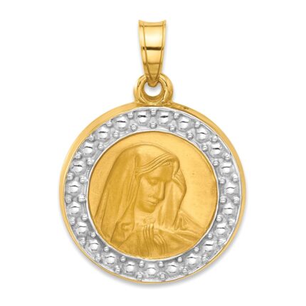14k and White Rhodium Polished and Satin Hollow Our Lady of Sorrows Medal Round Pendant