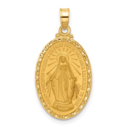 14k Polished and Satin Solid Miraculous Medal Oval Pendant