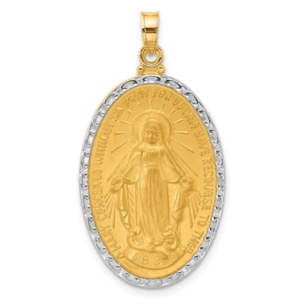 14K and White Rhodium Polished and Satin Solid Miraculous Medal Oval Pendant