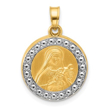 14k with White Rhodium Polished and Satin Hollow St. Theresa Medal Round Pendant
