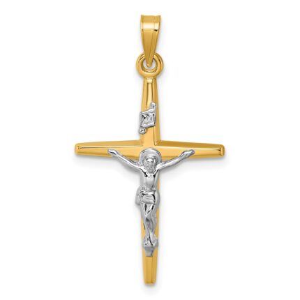 14k with White Rhodium Polished INRI Crucifix Cross Pendant