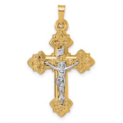 14k with White Rhodium Polished Fleur de Lis INRI Crucifix Cross Pendant