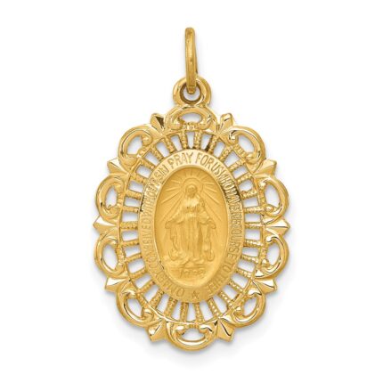 14k Polished and Satin Solid Miraculous Medal Scalloped Edge Oval Pendant
