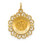 14k Polished and Satin Solid Saint Christopher Medal Scalloped Edge Round Charm