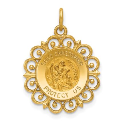 14k Polished and Satin Solid Saint Christopher Medal Scalloped Edge Round Charm