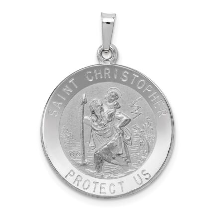 14k White Gold Polished and Satin Solid Saint Christopher Medal Pendant