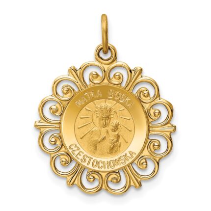 14k Polished and Satin Solid Matka Boska Czestochowska Medal Reversible Scalloped Edge Round Pendant