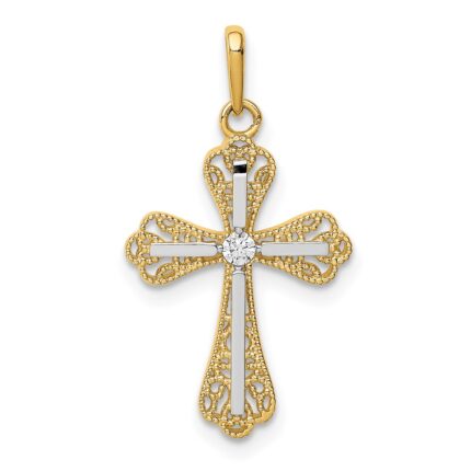 14K and White Rhodium CZ Cross Pendant
