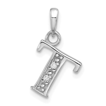 14K White Gold Diamond Letter T Initial Pendant