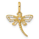 14k Polished and Beaded CZ Dragonfly Charm / Pendant